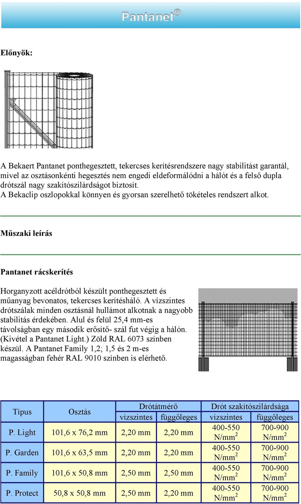 Műszaki leírás Pantanet rácskerítés Horganyzott acéldrótból készült ponthegesztett és műanyag bevonatos, tekercses kerítésháló.