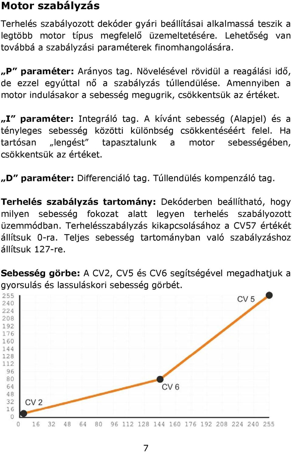 I paraméter: Integráló tag. A kívánt sebesség (Alapjel) és a tényleges sebesség közötti különbség csökkentéséért felel. Ha tartósan lengést tapasztalunk a motor sebességében, csökkentsük az értéket.