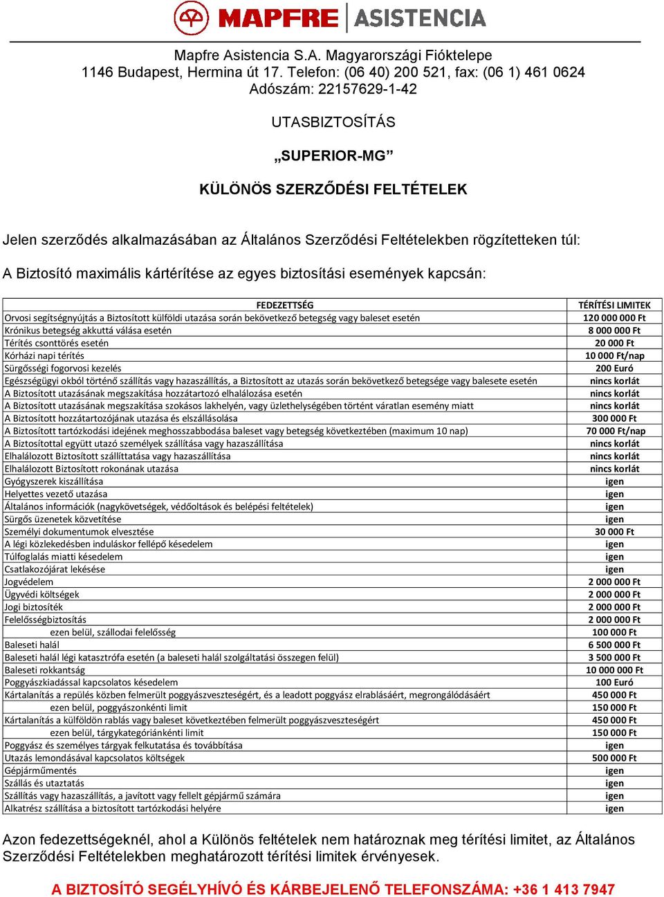 szolgáltatási összegen felül) 3 10 000 000 Ft Poggyász és személyes tárgyak felkutatása és továbbítása Utazás lemondásával kapcsolatos költségek