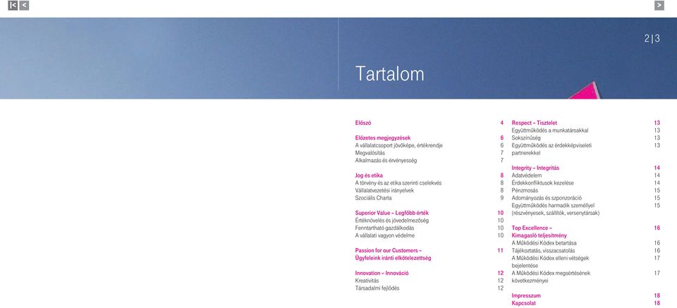 11 Ügyfeleink iránti elkötelezettség Innovation Innováció 12 Kreativitás 12 Társadalmi fejlődés 12 Respect Tisztelet 13 Együttműködés a munkatársakkal 13 Sokszínűség 13 Együttműködés az