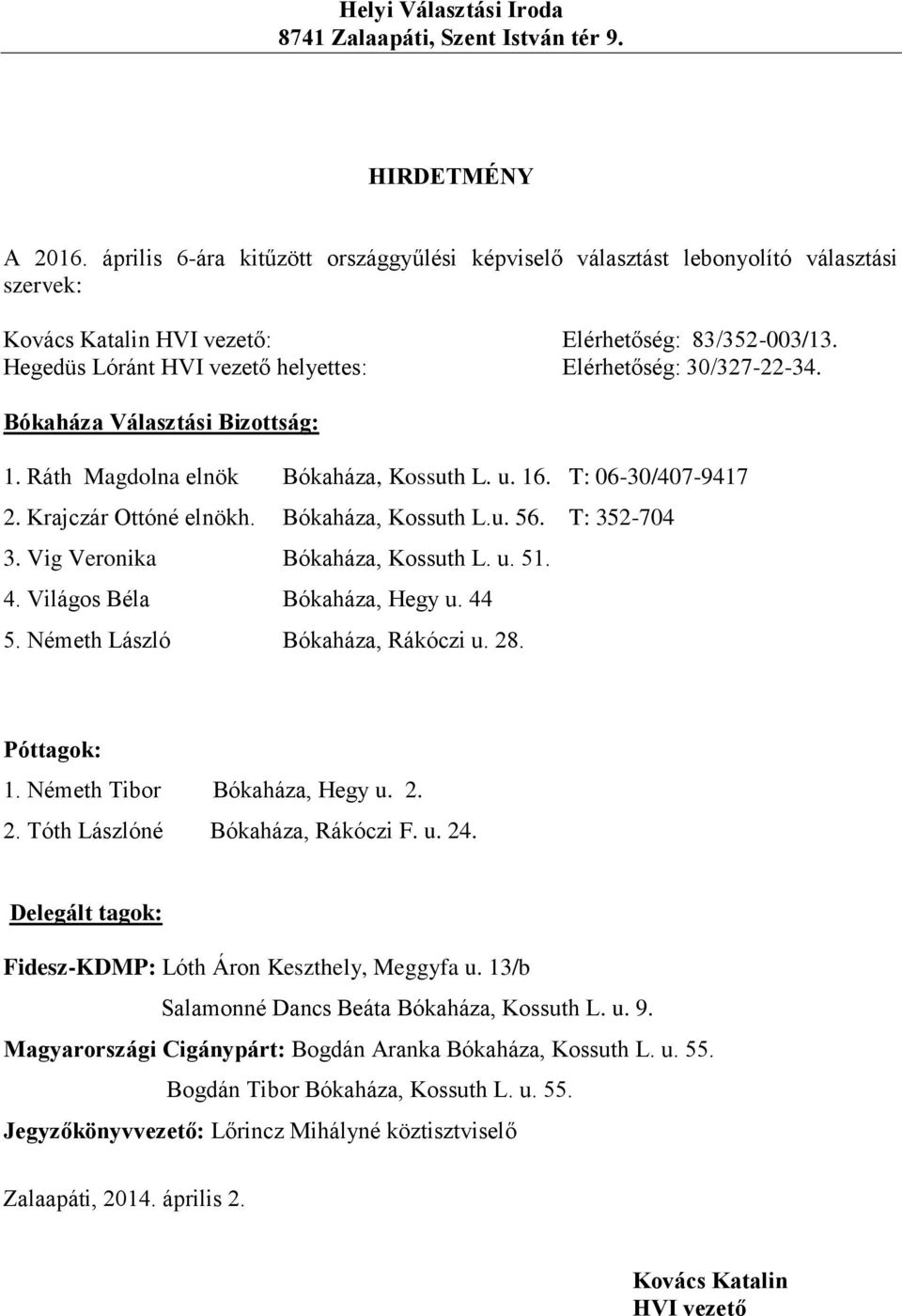 Póttagok: 1. Németh Tibor Bókaháza, Hegy u. 2. 2. Tóth Lászlóné Bókaháza, Rákóczi F. u. 24. Fidesz-KDMP: Lóth Áron Keszthely, Meggyfa u.