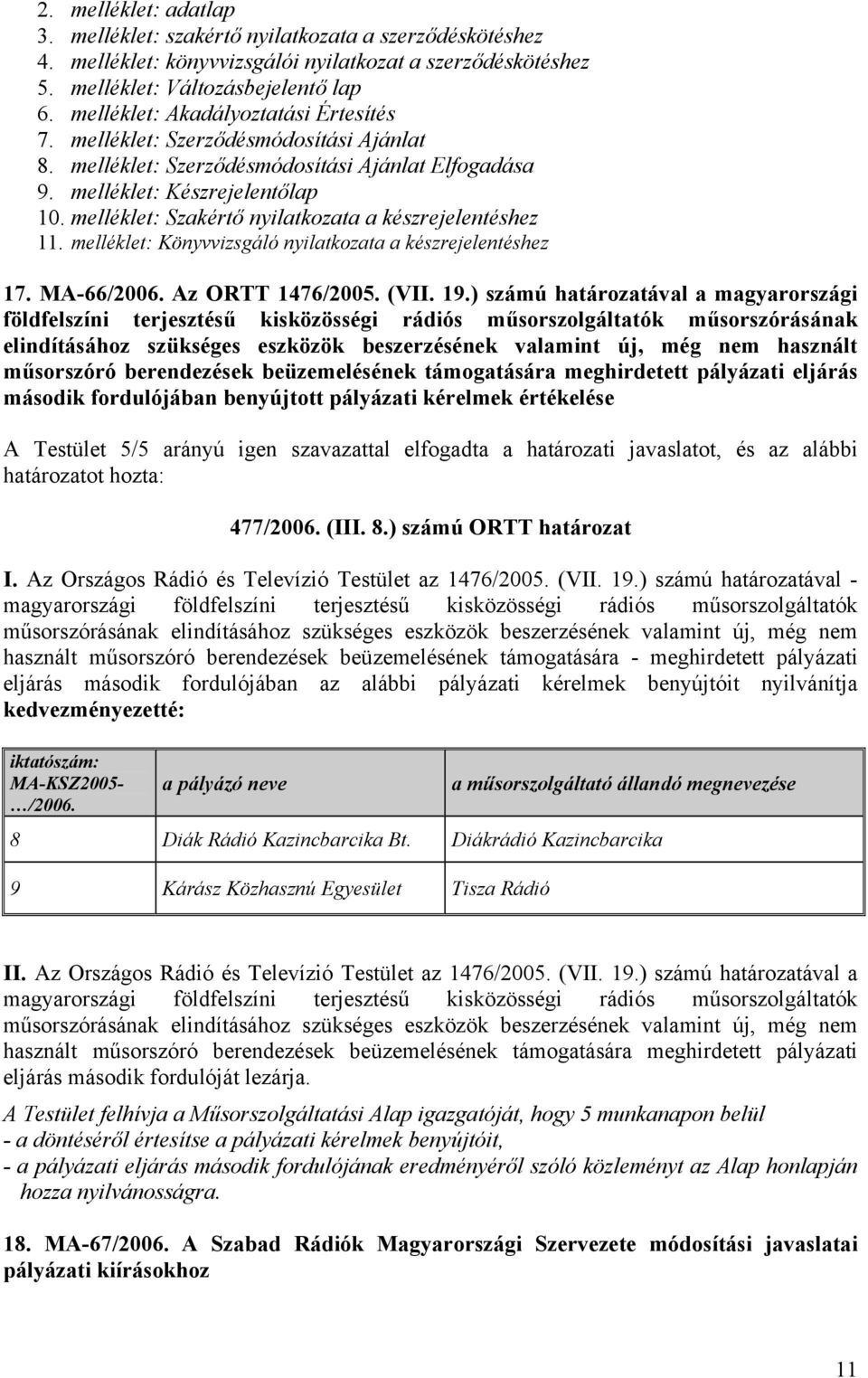 melléklet: Szakértő nyilatkozata a készrejelentéshez 11. melléklet: Könyvvizsgáló nyilatkozata a készrejelentéshez 17. MA-66/2006. Az ORTT 1476/2005. (VII. 19.