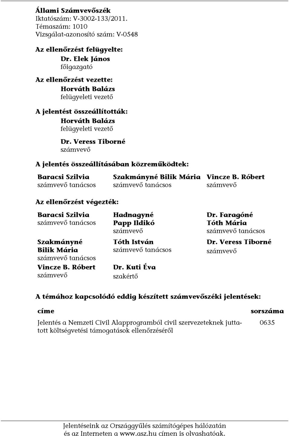 Veress Tiborné számvevő A jelentés összeállításában közreműködtek: Baracsi Szilvia számvevő tanácsos Szakmányné Bilik Mária számvevő tanácsos Vincze B.