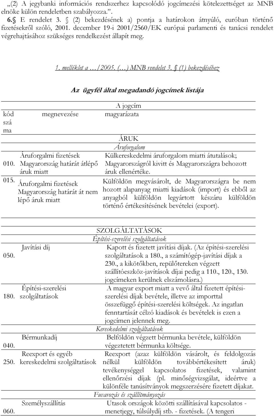 december 19-i 2001/2560/EK európai parlamenti és tanácsi rendelet végrehajtásához szükséges rendelkezést állapít meg. 1. melléklet a /2005. ( ) MNB rendelet 3.