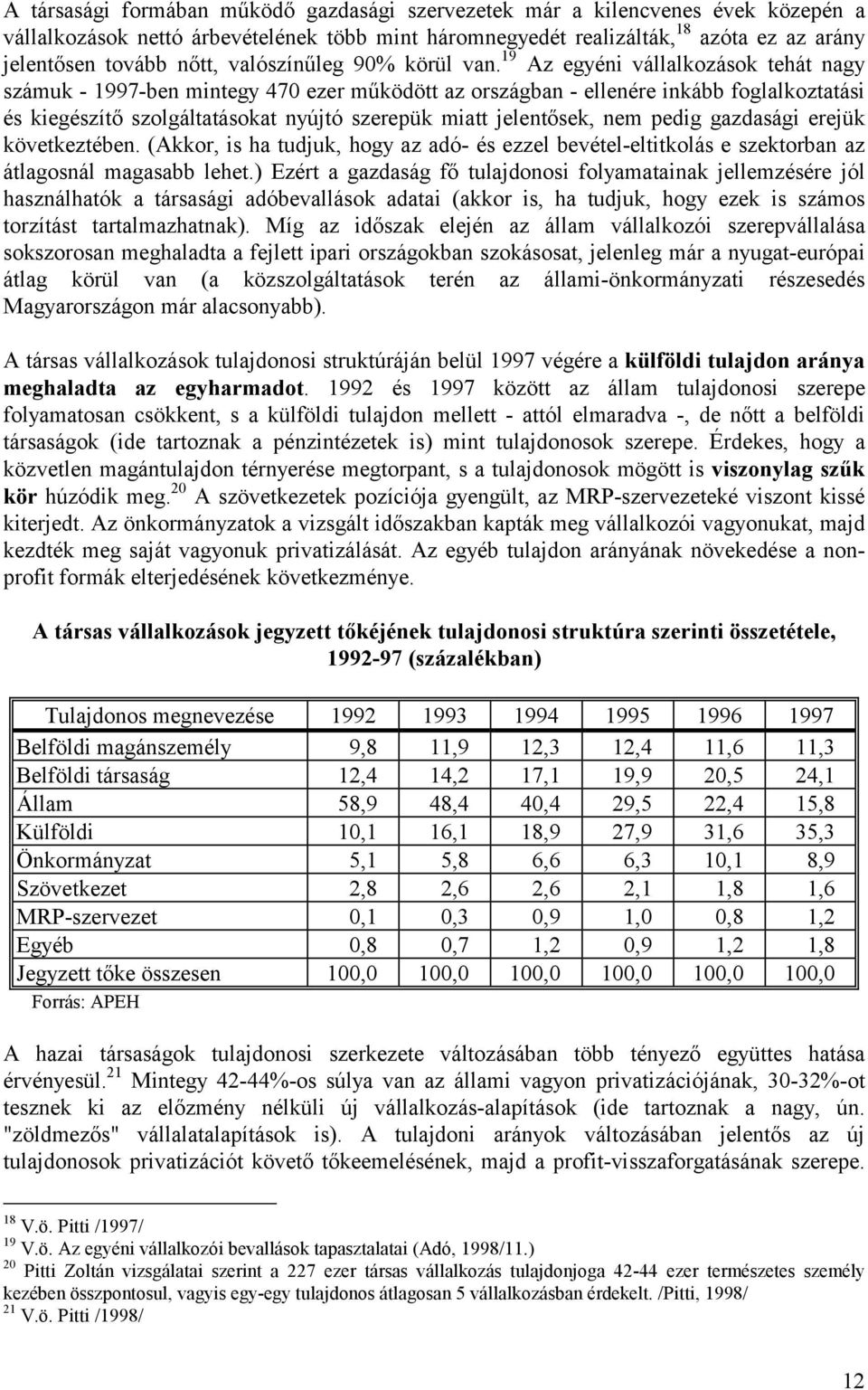 19 Az egyéni vállalkozások tehát nagy számuk - 1997-ben mintegy 470 ezer működött az országban - ellenére inkább foglalkoztatási és kiegészítő szolgáltatásokat nyújtó szerepük miatt jelentősek, nem