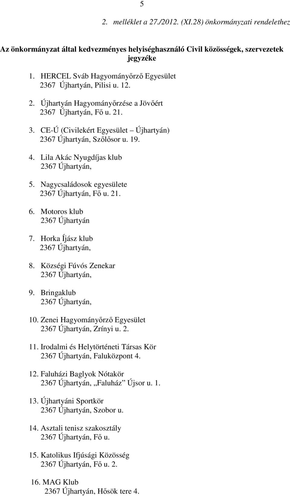 19. 4. Lila Akác Nyugdíjas klub 2367 Újhartyán, 5. Nagycsaládosok egyesülete 2367 Újhartyán, Fő u. 21. 6. Motoros klub 2367 Újhartyán 7. Horka Íjász klub 2367 Újhartyán, 8.