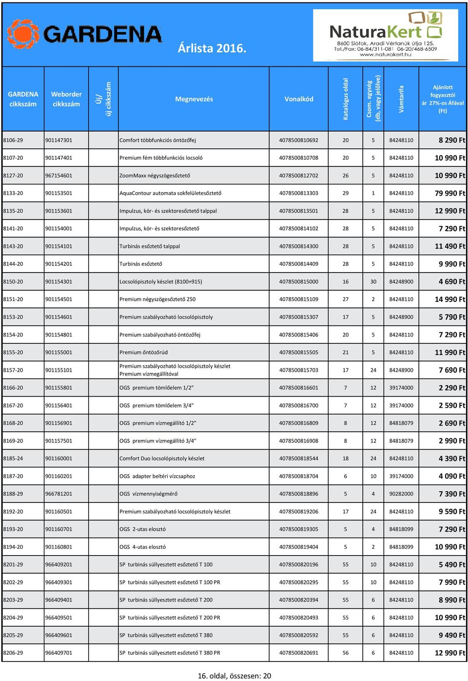 szektoresőztető talppal 4078500813501 28 5 84248110 12 990 Ft 8141-20 901154001 Impulzus, kör- és szektoresőztető 4078500814102 28 5 84248110 7 290 Ft 8143-20 901154101 Turbinás esőztető talppal