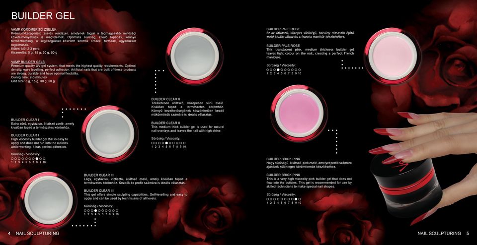 Kötési idő: 2-3 perc Kiszerelés: 5 g, 15 g, 30 g, 50 g VAMP BUILDER GELS Premium quality UV gel system, that meets the highest quality requirements. Optimal density, easy levelling, perfect adhesion.