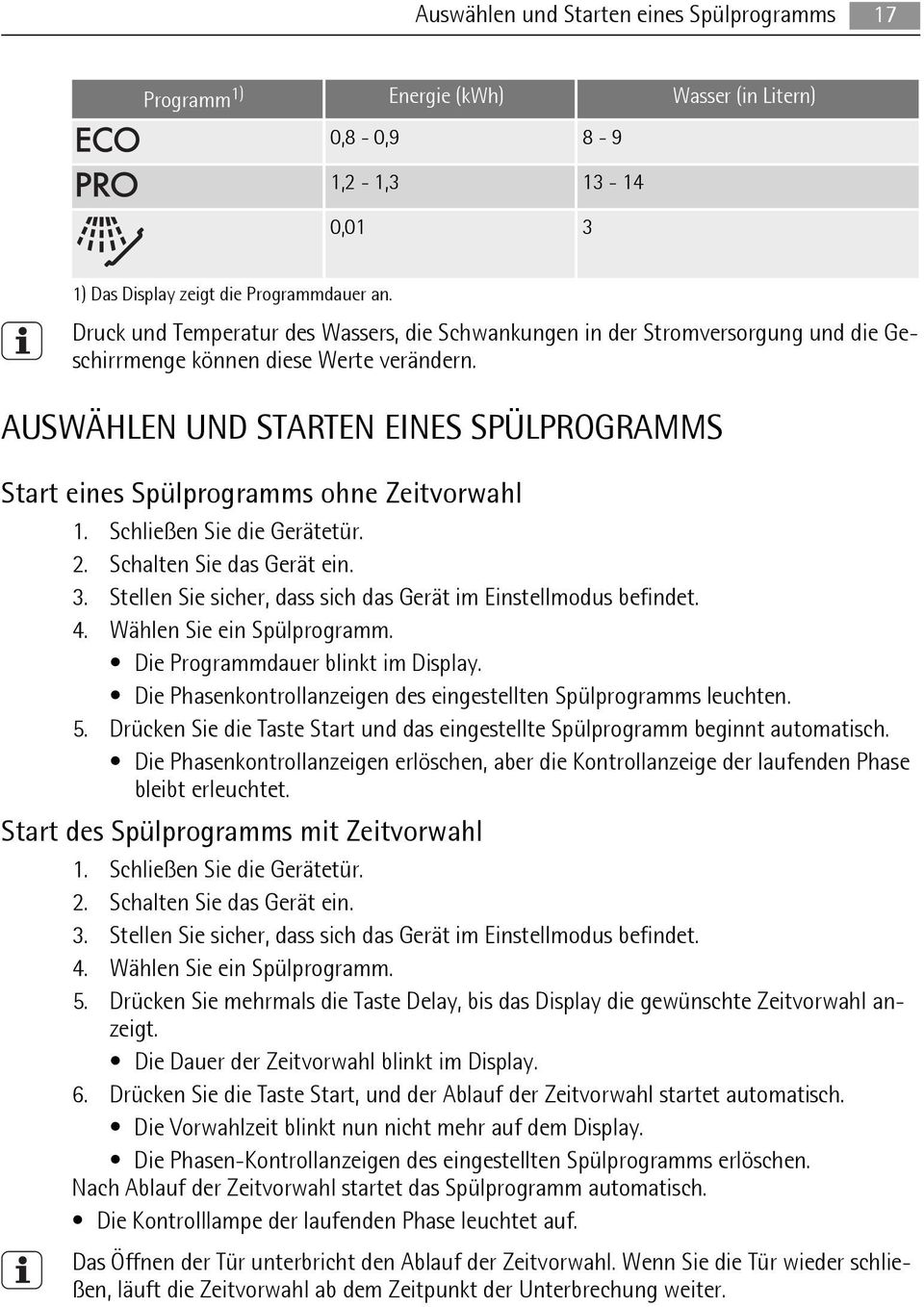 AUSWÄHLEN UND STARTEN EINES SPÜLPROGRAMMS Start eines Spülprogramms ohne Zeitvorwahl 1. Schließen Sie die Gerätetür. 2. Schalten Sie das Gerät ein. 3.