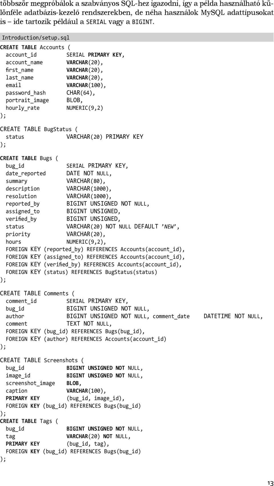 sql CREATE TABLE Accounts ( account_id SERIAL PRIMARY KEY, account_name VARCHAR(20), first_name VARCHAR(20), last_name VARCHAR(20), email VARCHAR(100), password_hash CHAR(64), portrait_image BLOB,