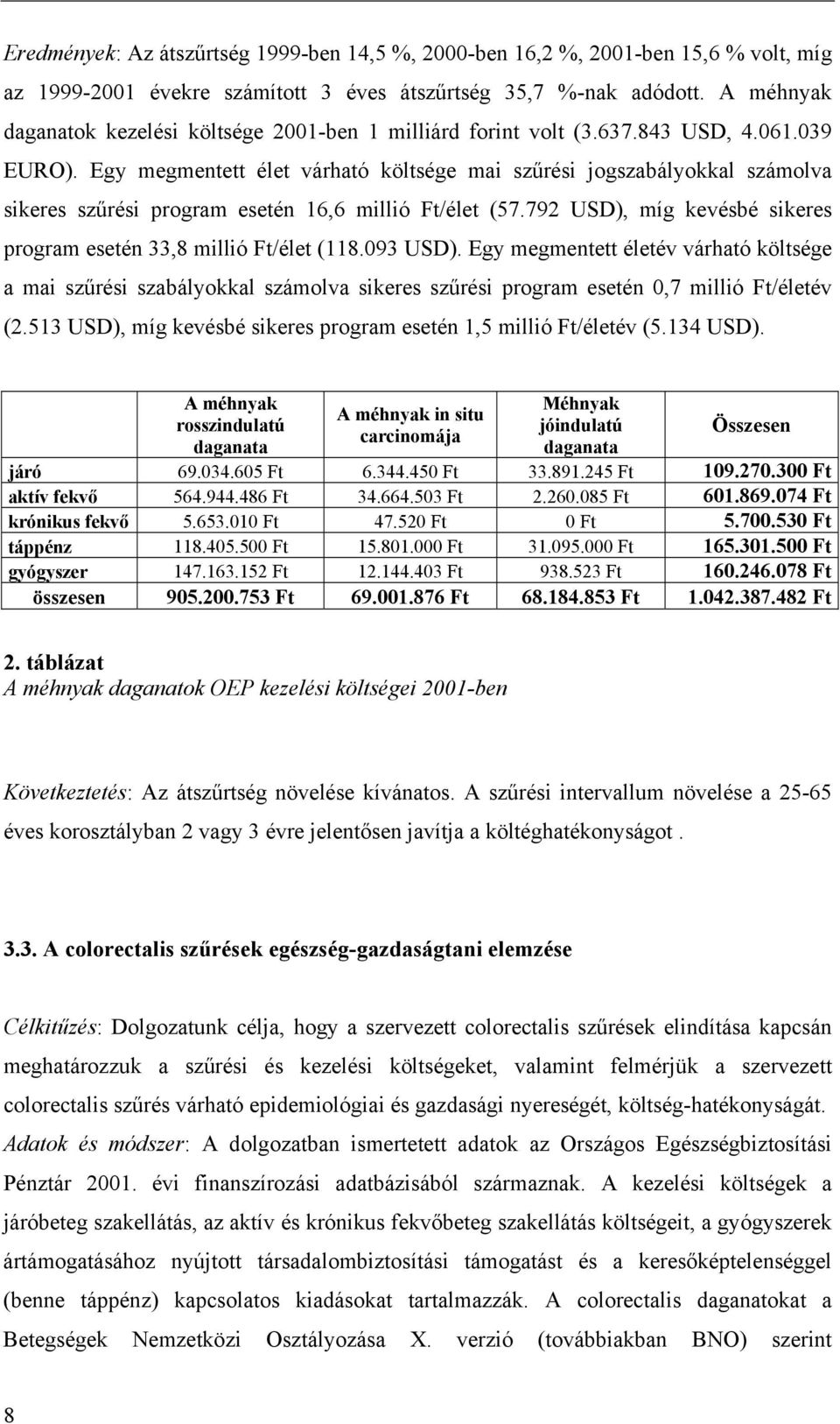 Egy megmentett élet várható költsége mai szűrési jogszabályokkal számolva sikeres szűrési program esetén 16,6 millió Ft/élet (57.792 USD), míg kevésbé sikeres program esetén 33,8 millió Ft/élet (118.