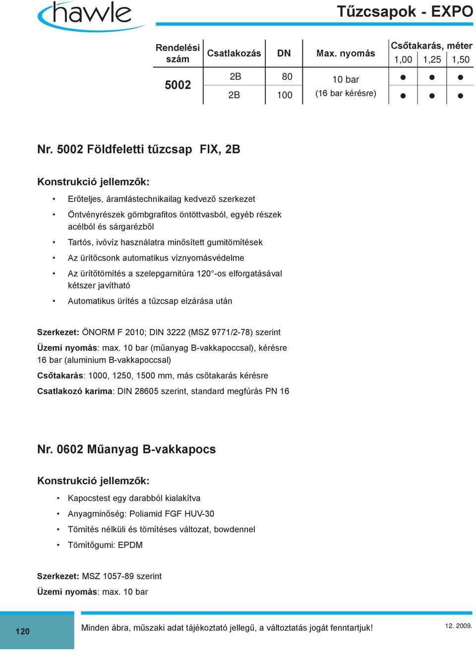 használatra minősített gumitömítések Az ürítőcsonk automatikus víznyomásvédelme Az ürítőtömítés a szelepgarnitúra 120 -os elforgatásával kétszer javítható Automatikus ürítés a tűzcsap elzárása után