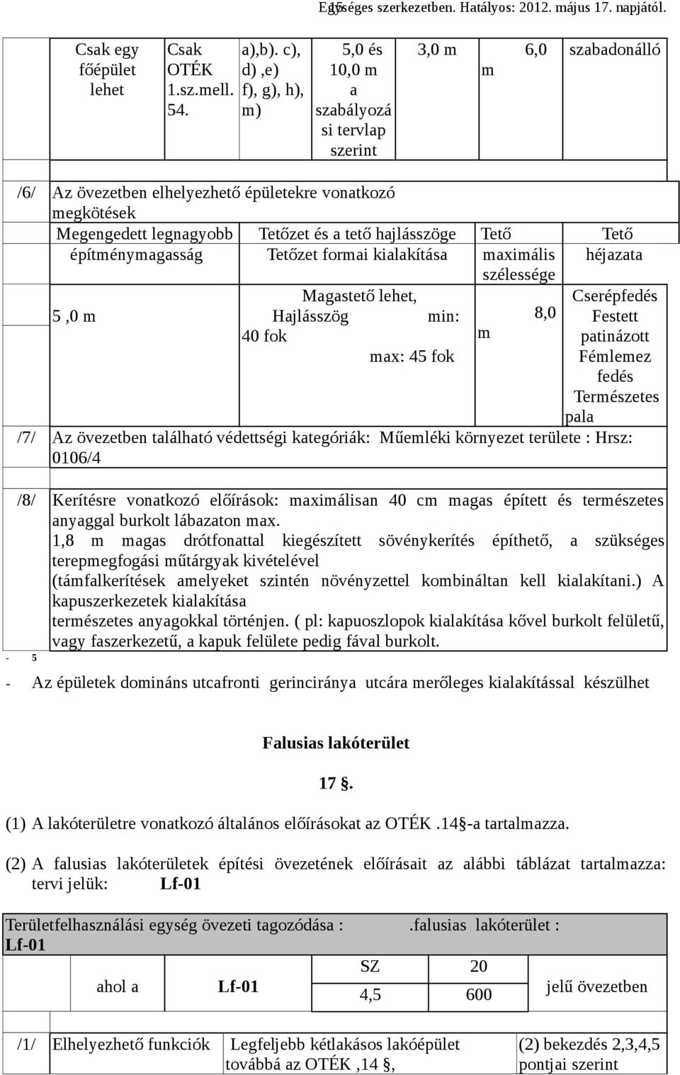 hajlásszöge Tető Tető építménymagasság Tetőzet formai kialakítása maximális héjazata 5,0 m Magastető lehet, Hajlásszög min: 40 fok max: 45 fok szélessége m 8,0 Cserépfedés Festett patinázott Fémlemez