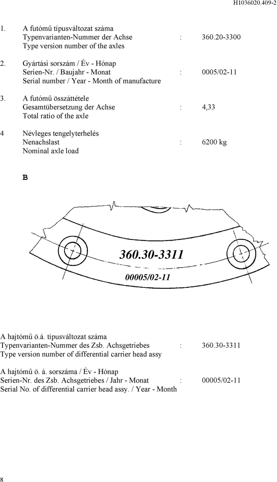 A futómű összáttétele Gesamtübersetzung der Achse :,33 Total ratio of the axle Névleges tengelyterhelés Nenachslast : 600 kg Nominal axle load B 360.30-3311 00005/0-11 A hajtómű ö.