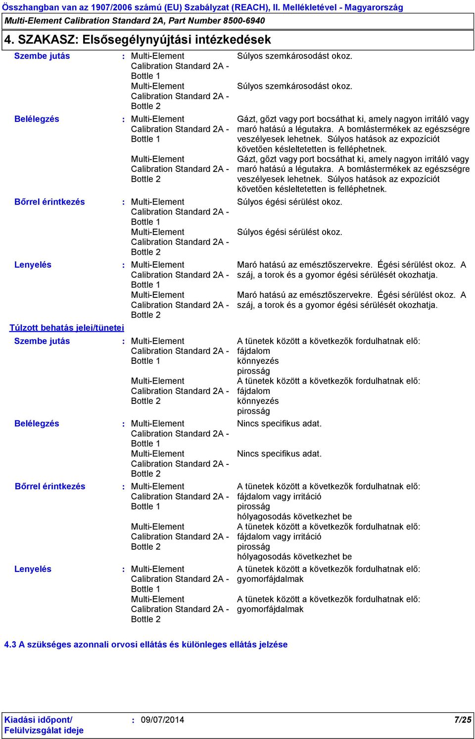 Súlyos szemkárosodást okoz. Gázt, gőzt vagy port bocsáthat ki, amely nagyon irritáló vagy maró hatású a légutakra. A bomlástermékek az egészségre veszélyesek lehetnek.