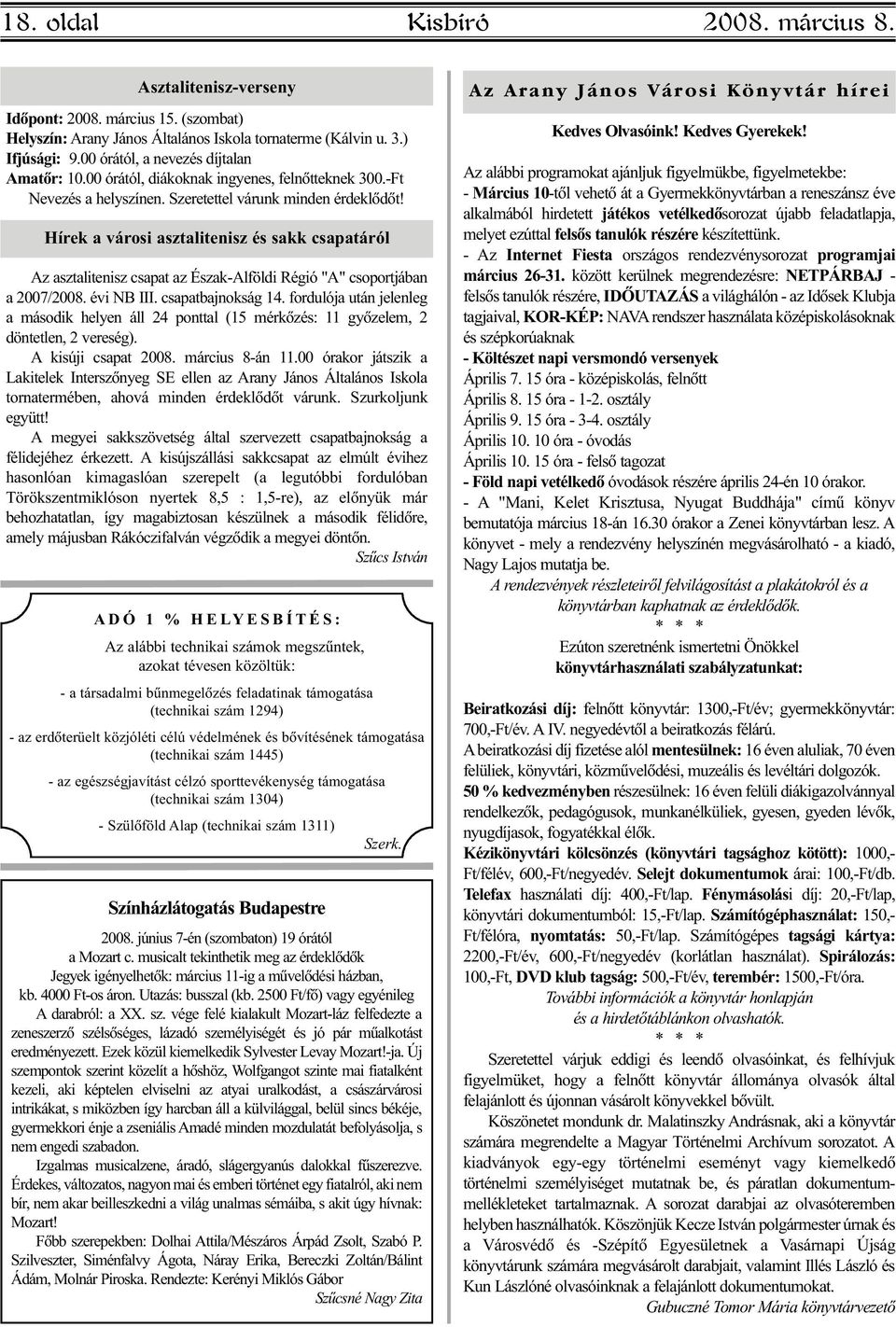 Hírek a városi asztalitenisz és sakk csapatáról Az asztalitenisz csapat az Észak-Alföldi Régió "A" csoportjában a 2007/2008. évi NB III. csapatbajnokság 14.