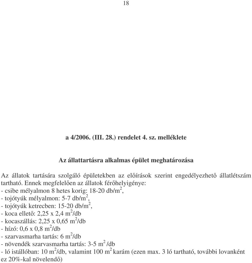 Ennek megfelelen az állatok férhelyigénye: - csibe mélyalmon 8 hetes korig: 18-20 db/m 2, - tojótyúk mélyalmon: 5-7 db/m 2, - tojótyúk ketrecben: 15-20 db/m