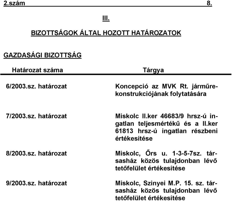 ker 46683/9 hrsz-ú ingatlan teljesmértékű és a II.ker 61813 hrsz-ú ingatlan részbeni értékesítése Miskolc, Őrs u. 1-3-5-7sz.