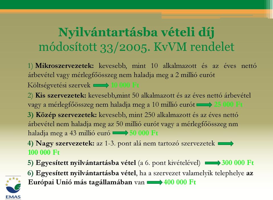 kevesebb,mint 50 alkalmazott és az éves nettó árbevétel vagy a mérlegfőösszeg nem haladja meg a 10 millió eurót 25 000 Ft 3) Közép szervezetek: kevesebb, mint 250 alkalmazott és az éves nettó