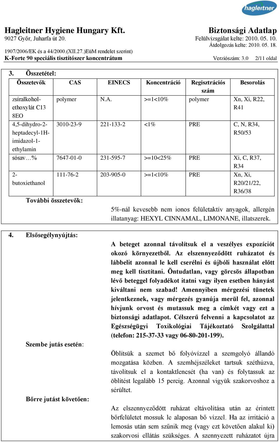 EINECS Koncentráció Regisztrációs szám zsíralkoholethoxylát C13 8EO 4,5-dihydro-2- heptadecyl-1h- imidazol-1- ethylamin Besorolás polymer N.A.