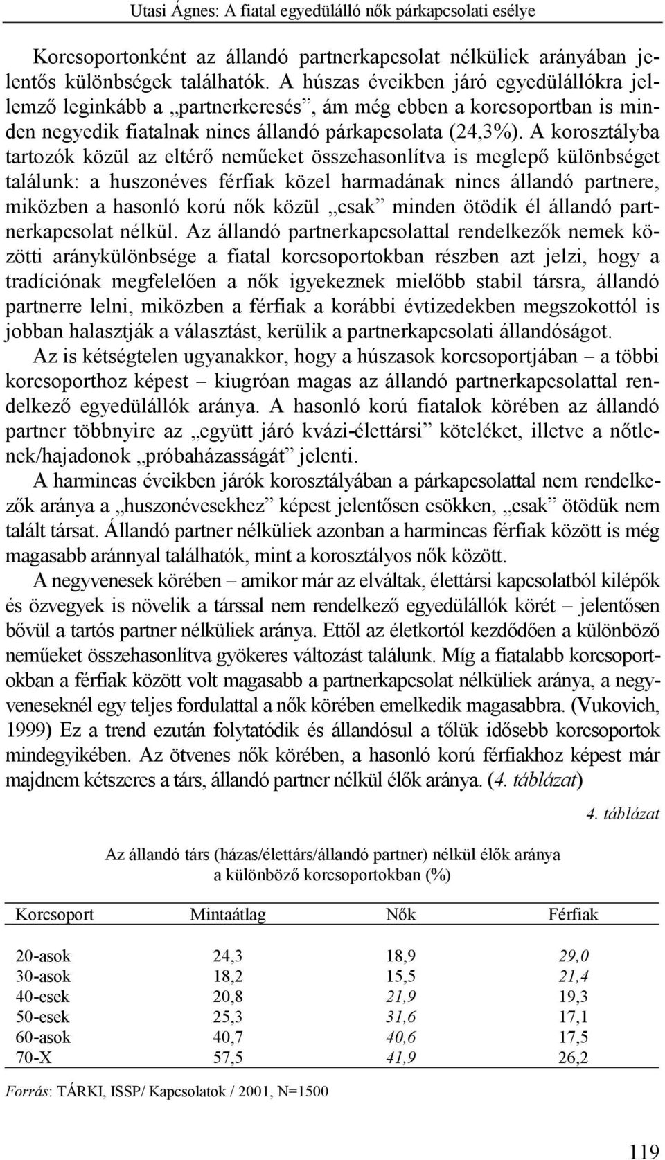 A korosztályba tartozók közül az eltérő neműeket összehasonlítva is meglepő különbséget találunk: a huszonéves férfiak közel harmadának nincs állandó partnere, miközben a hasonló korú nők közül csak