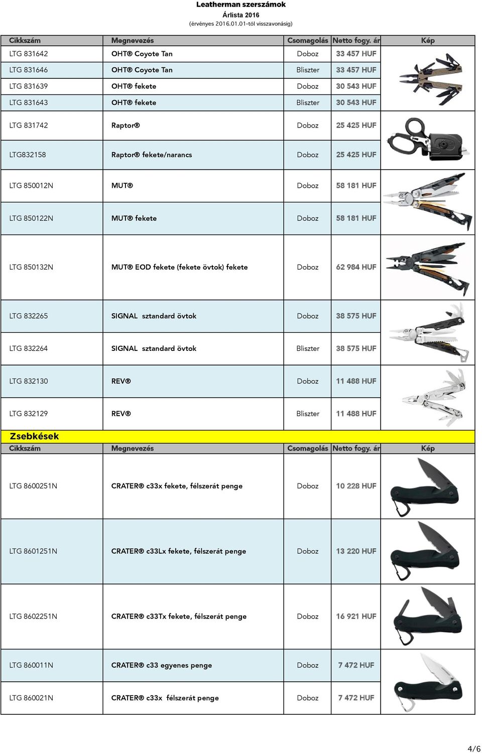 832265 SIGNAL sztandard övtok Doboz 38 575 HUF LTG 832264 SIGNAL sztandard övtok Bliszter 38 575 HUF LTG 832130 REV Doboz 11 488 HUF LTG 832129 REV Bliszter 11 488 HUF Zsebkések LTG 8600251N CRATER