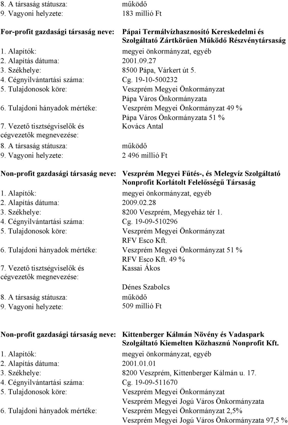 Tulajdonosok köre: Veszprém Megyei Önkormányzat Pápa Város Önkormányzata 6. Tulajdoni hányadok mértéke: Veszprém Megyei Önkormányzat 49 % 7. Vezető tisztségviselők és cégvezetők megnevezése: 8.