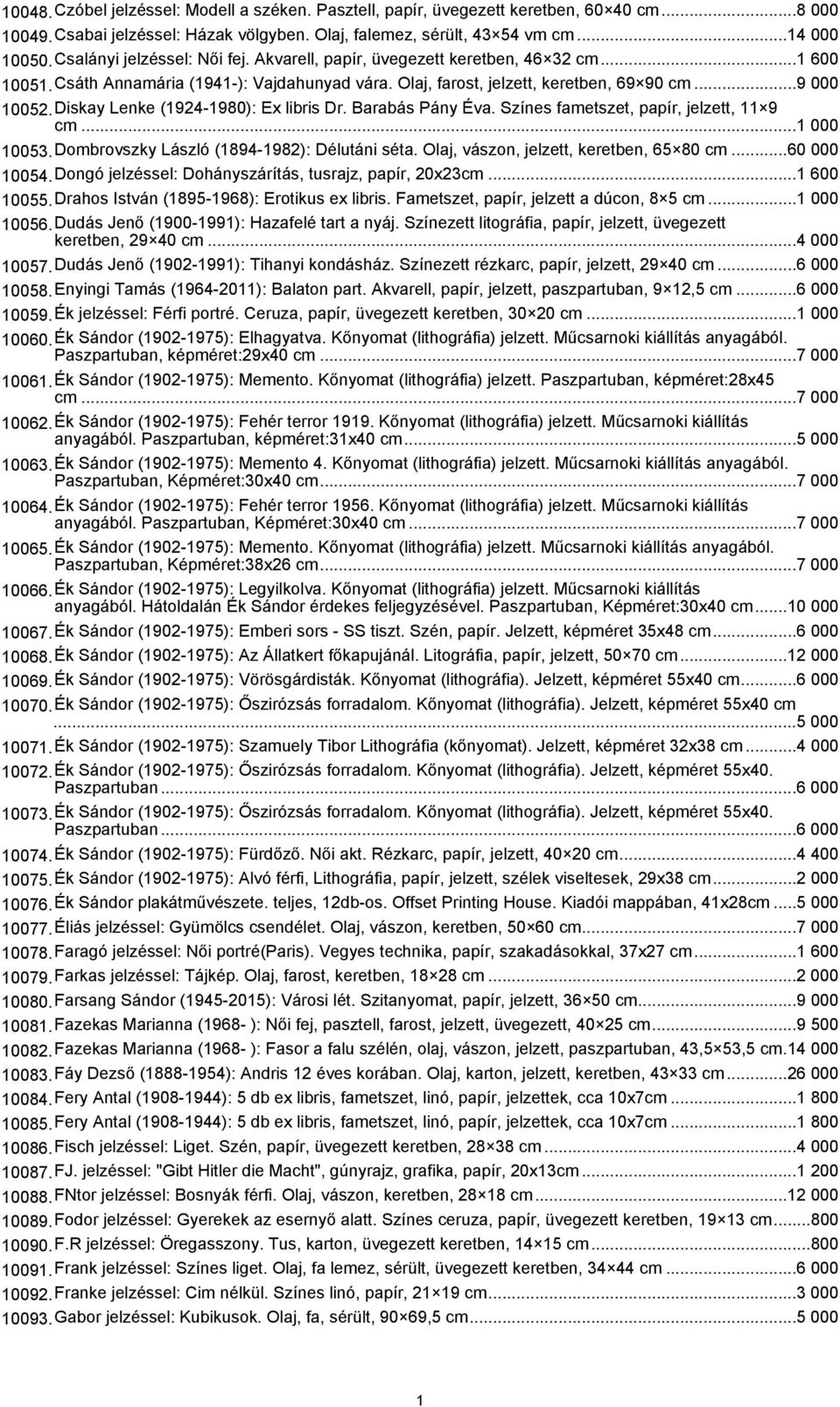 Diskay Lenke (1924-1980): Ex libris Dr. Barabás Pány Éva. Színes fametszet, papír, jelzett, 11 9 cm...1 000 10053.Dombrovszky László (1894-1982): Délutáni séta.