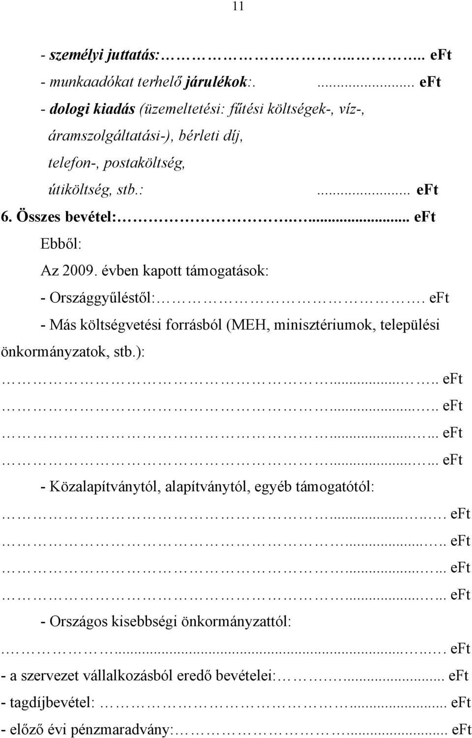 ... eft Ebből: Az 2009. évben kapott támogatások: - Országgyűléstől:. eft - Más költségvetési forrásból (MEH, minisztériumok, települési önkormányzatok, stb.):..... eft..... eft...... eft...... eft - Közalapítványtól, alapítványtól, egyéb támogatótól:.