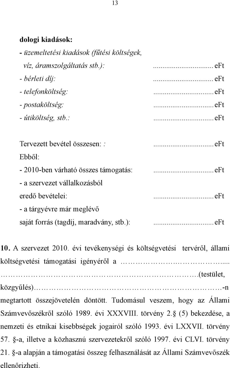 A szervezet 2010. évi tevékenységi és költségvetési tervéről, állami költségvetési támogatási igényéről a.....(testület, közgyűlés) -n megtartott összejövetelén döntött.