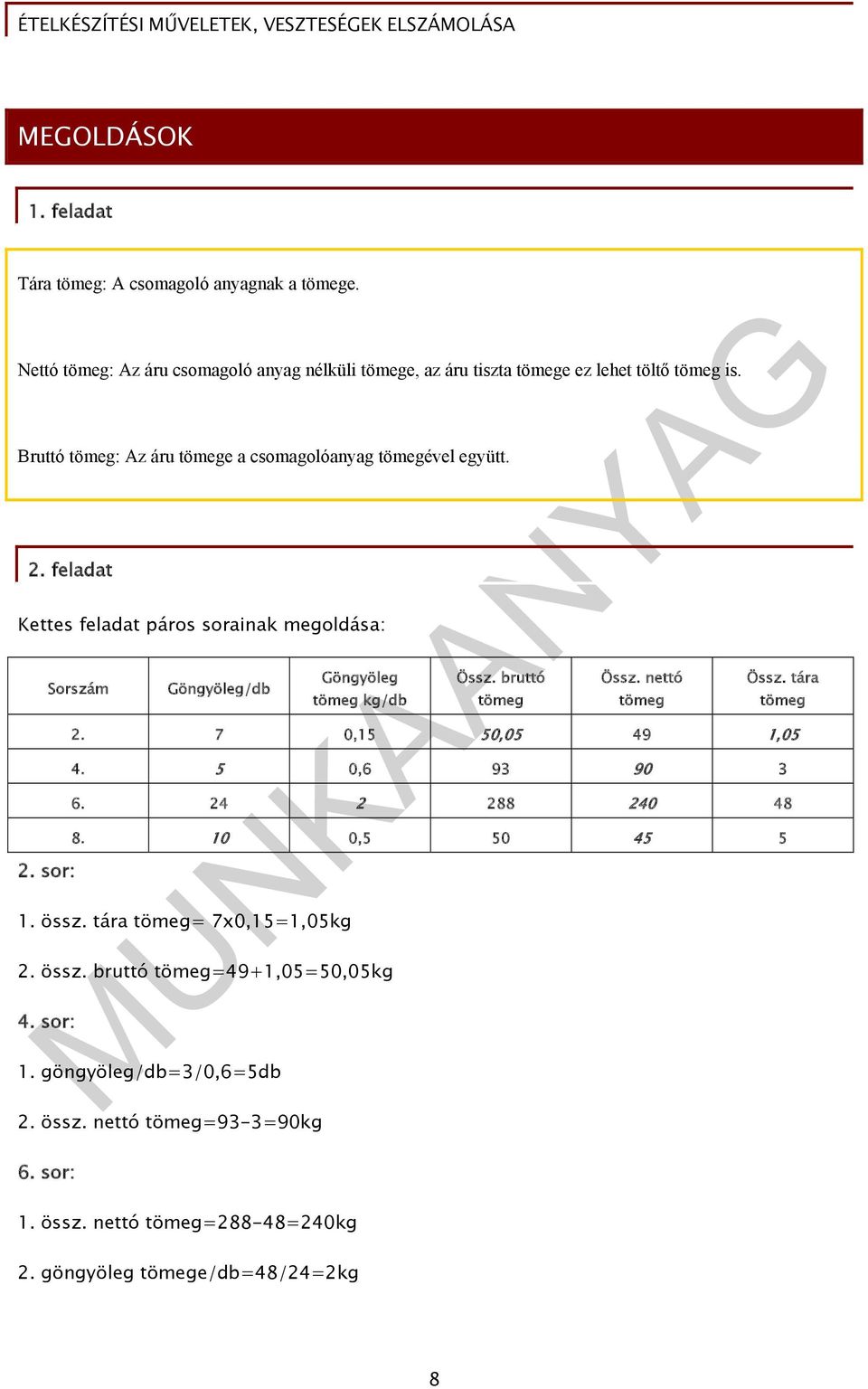 sor: Sorszám Göngyöleg/db Göngyöleg tömeg kg/db Össz. bruttó tömeg Össz. nettó tömeg Össz. tára tömeg 2. 7 0,15 50,05 49 1,05 4. 5 0,6 93 90 3 6. 24 2 288 240 48 8.