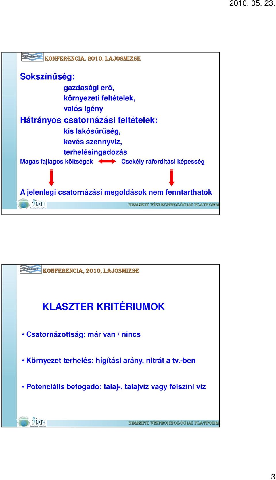 jelenlegi csatornázási megoldások nem fenntarthatók KLASZTER KRITÉRIUMOK Csatornázottság: már van / nincs