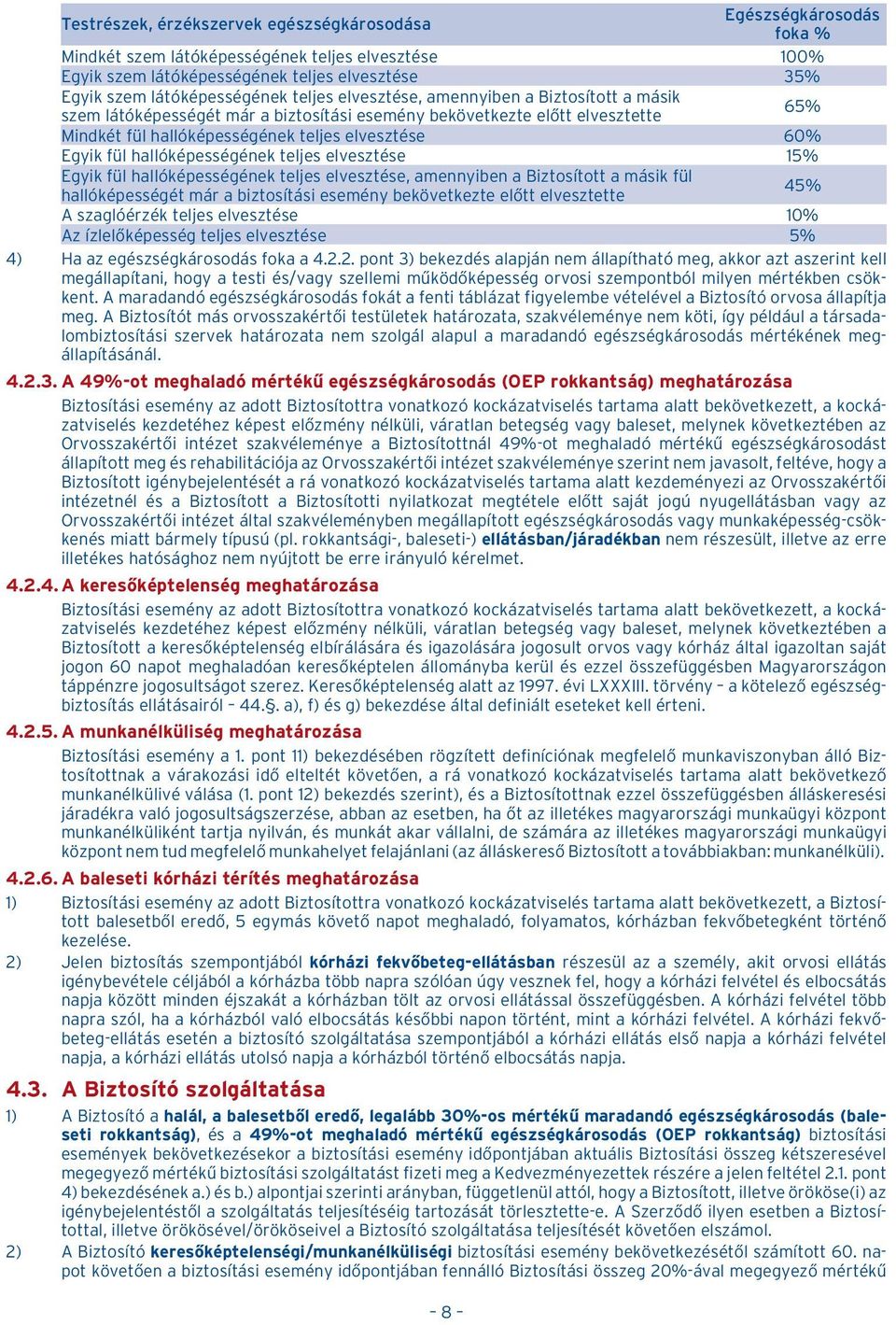 hallóképességének teljes elvesztése 15% Egyik fül hallóképességének teljes elvesztése, amennyiben a Biztosított a másik fül 45% hallóképességét már a biztosítási esemény bekövetkezte elõtt