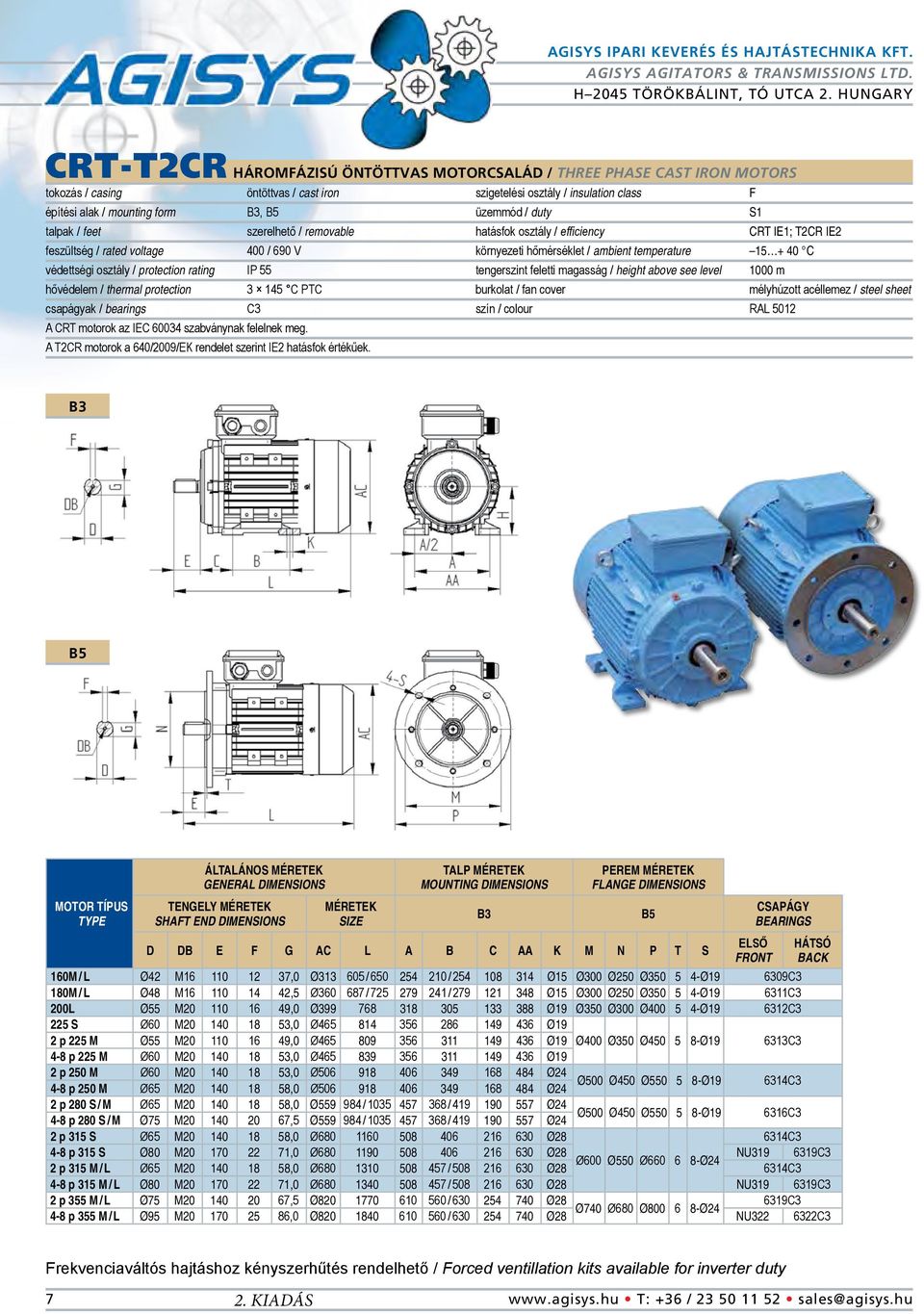 / protection rating IP 55 tengerszint feletti magasság / height above see level 1000 m hővédelem / thermal protection 3 145 C PTC burkolat / fan cover mélyhúzott acéllemez / steel sheet csapágyak /