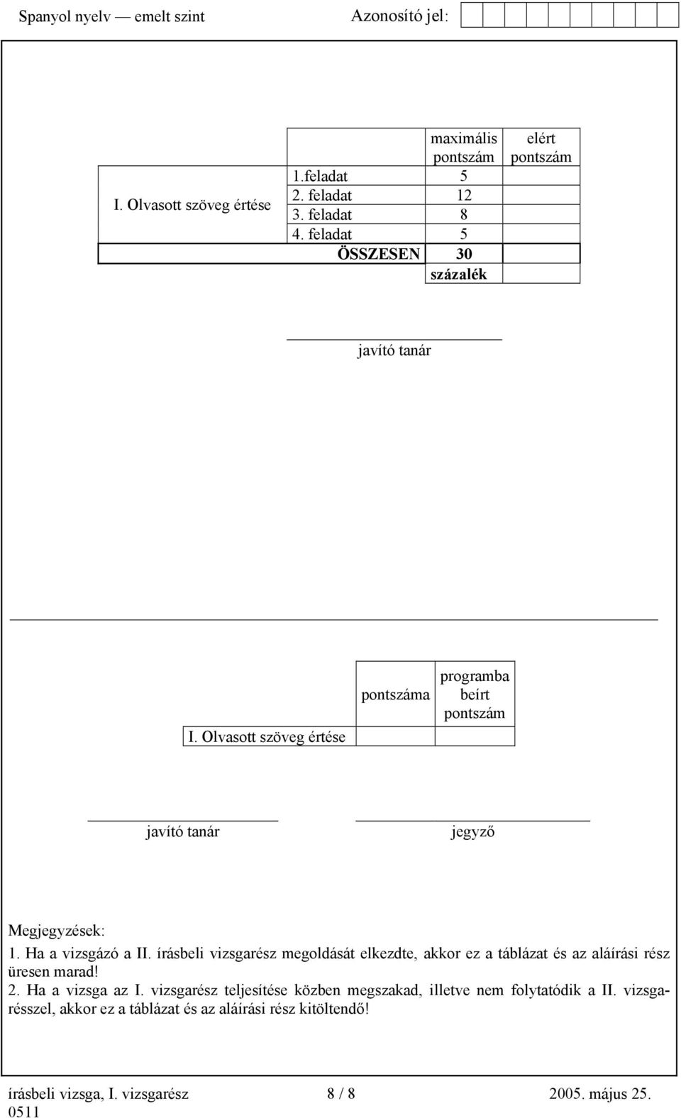 Olvasott szöveg értése pontszáma programba beírt pontszám javító tanár jegyző Megjegyzések: 1. Ha a vizsgázó a II.