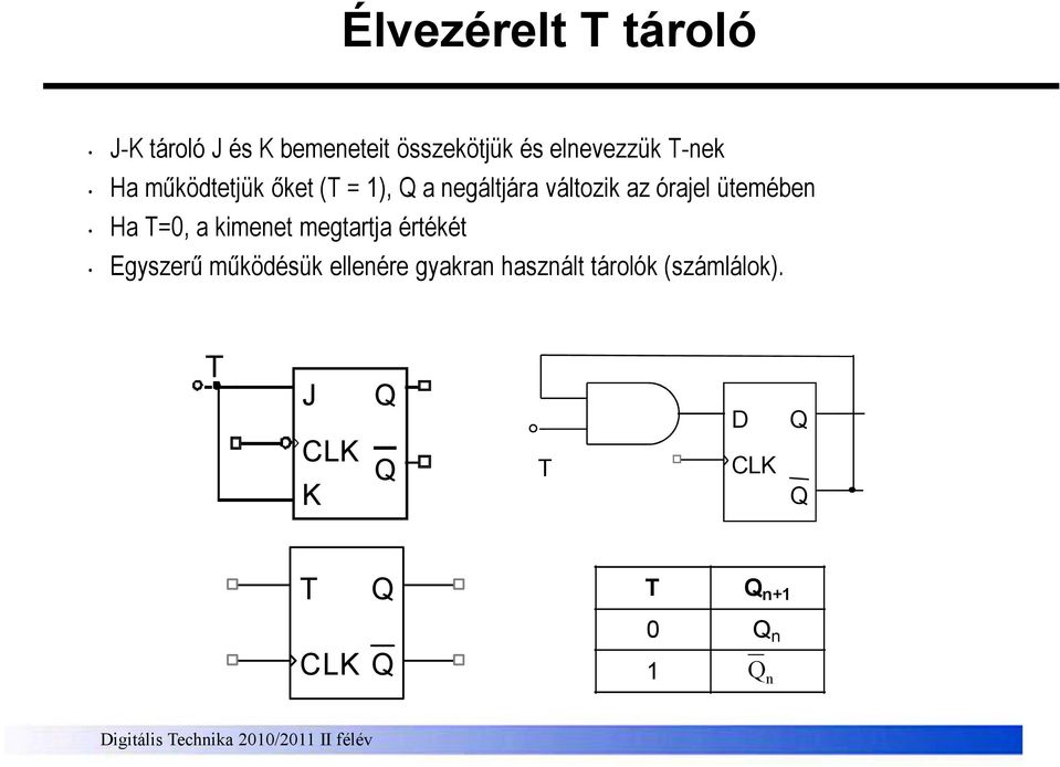 Ha T=, a kimenet megtartja értékét Egyszerő mőködésük ellenére gyakran