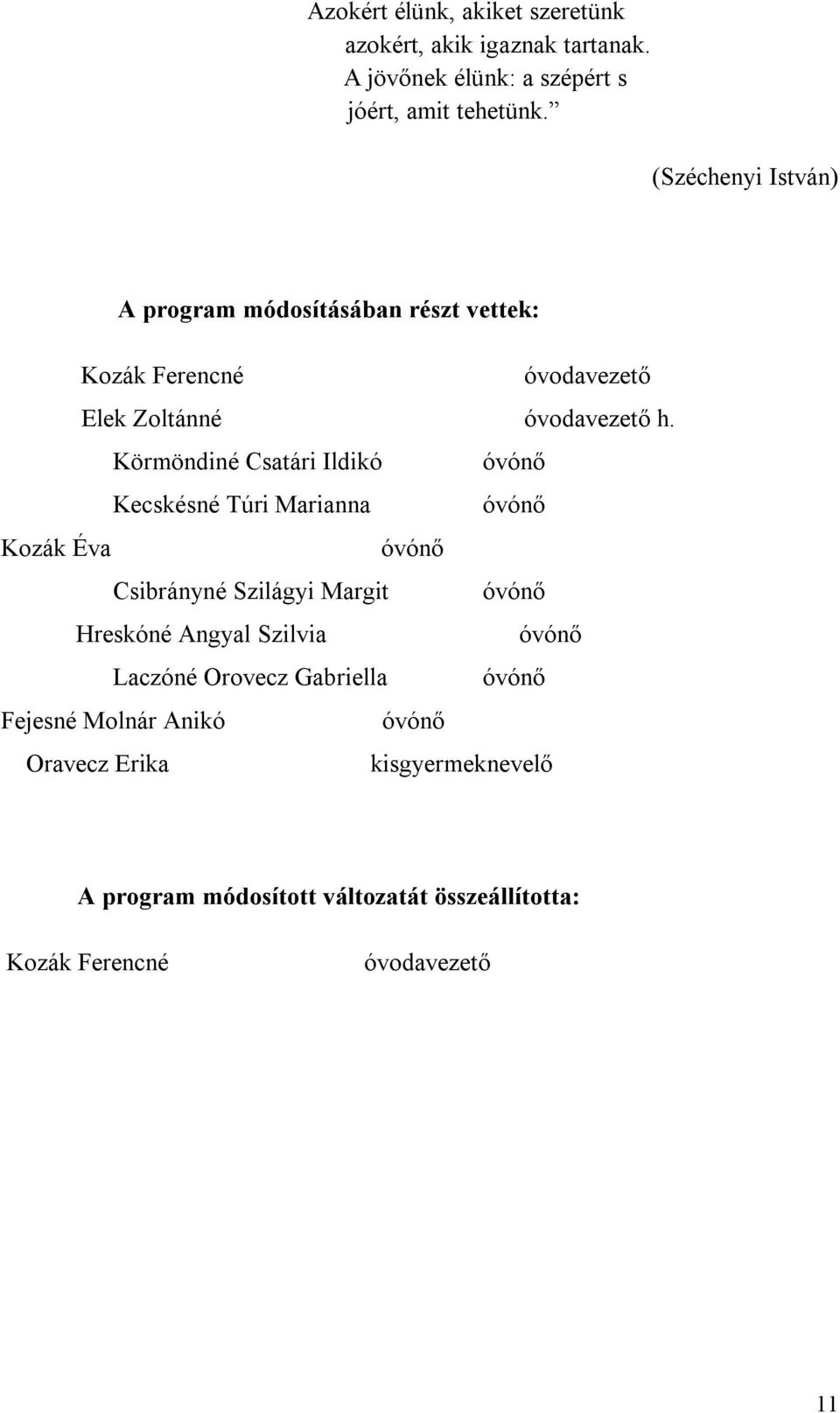 Körmöndiné Csatári Ildikó óvónő Kecskésné Túri Marianna óvónő Kozák Éva óvónő Csibrányné Szilágyi Margit óvónő Hreskóné Angyal