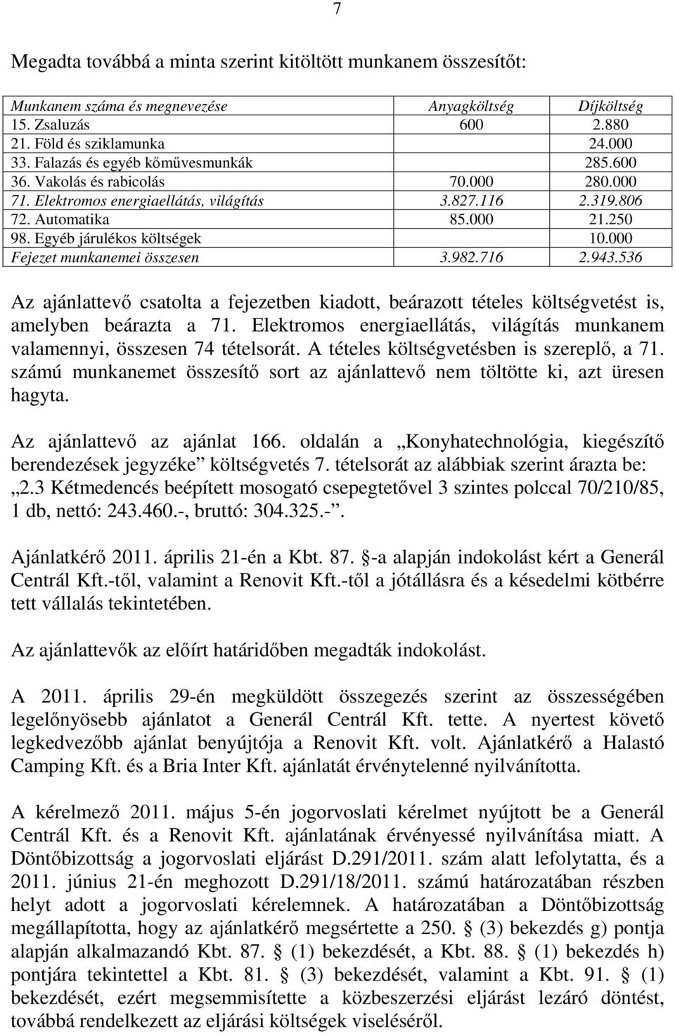 Egyéb járulékos költségek 10.000 Fejezet munkanemei összesen 3.982.716 2.943.536 Az ajánlattevő csatolta a fejezetben kiadott, beárazott tételes költségvetést is, amelyben beárazta a 71.