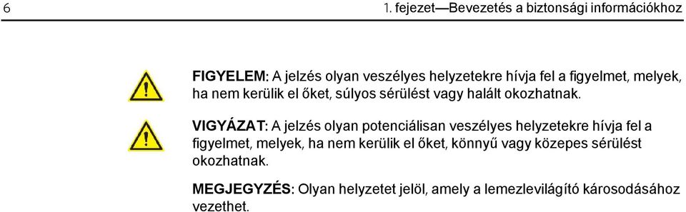 VIGYÁZAT: A jelzés olyan potenciálisan veszélyes helyzetekre hívja fel a figyelmet, melyek, ha nem kerülik