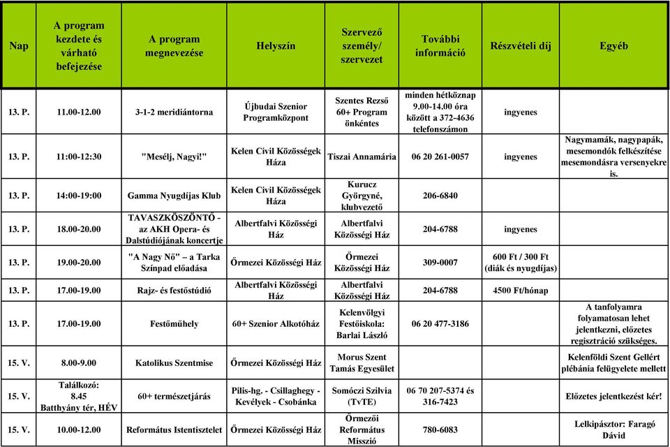 V. 8.00-9.00 Katolikus Szentmise 15. V. 8.45 Batthyány tér, HÉV 60+ természetjárás Pilis-hg. - Csillaghegy - Kevélyek - Csobánka 15. V. 10.00-12.