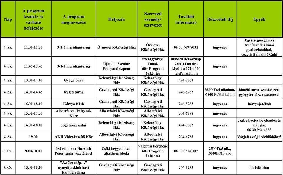 00 Izületi torna Horváth Péter tanár vezetésével "Az élet szép " nyugdíjasklub havi klubdélutánja Közösségi Közösségi Közösségi Közösségi Csíki-hegyek utcai általános iskola Közösségi Szentgyörgyi