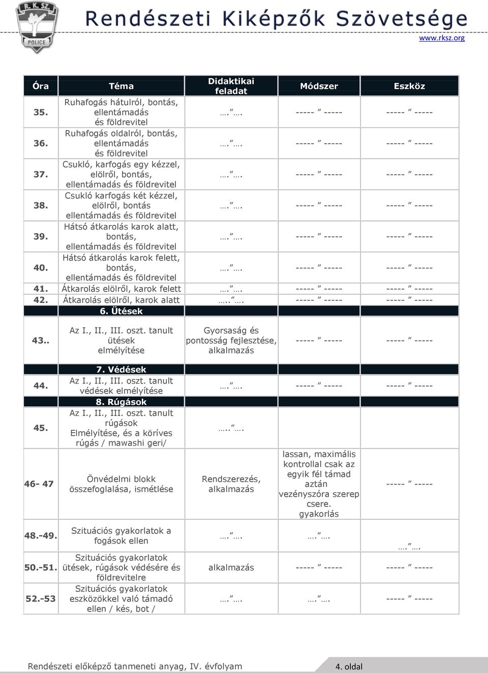 . ütések elmélyítése Gyorsaság és pontosság fejlesztése, 44. 45. 46-47 48.-49. 50.-51. 52.-53 7. Védések védések elmélyítése 8.