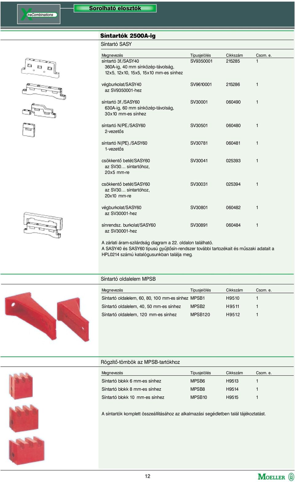 /SASY60 SV30001 060490 1 630A-ig, 60 mm sínközép-távolság, 30x10 mm-es sínhez síntartó N/PE./SASY60 SV30501 060480 1 2-vezetõs síntartó N(PE).