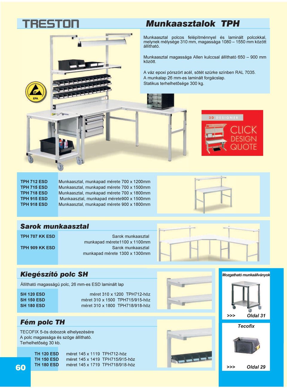 TPH 712 ESD TPH 715 ESD TPH 718 ESD TPH 915 ESD TPH 918 ESD Munkaasztal, munkapad mérete 700 x 1200mm Munkaasztal, munkapad mérete 700 x 1500mm Munkaasztal, munkapad mérete 700 x 1800mm Munkaasztal,