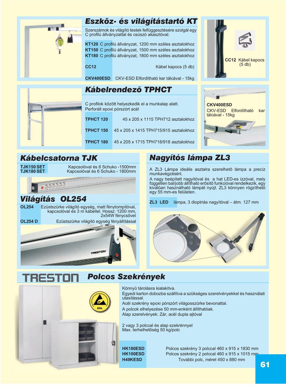 Kábel kapocs (5 db) CKV400ESD CKV-ESD Elfordítható kar tálcával - 15kg Kábelrendezõ TPHCT C profilok között helyezkedik el a munkalap alatt.