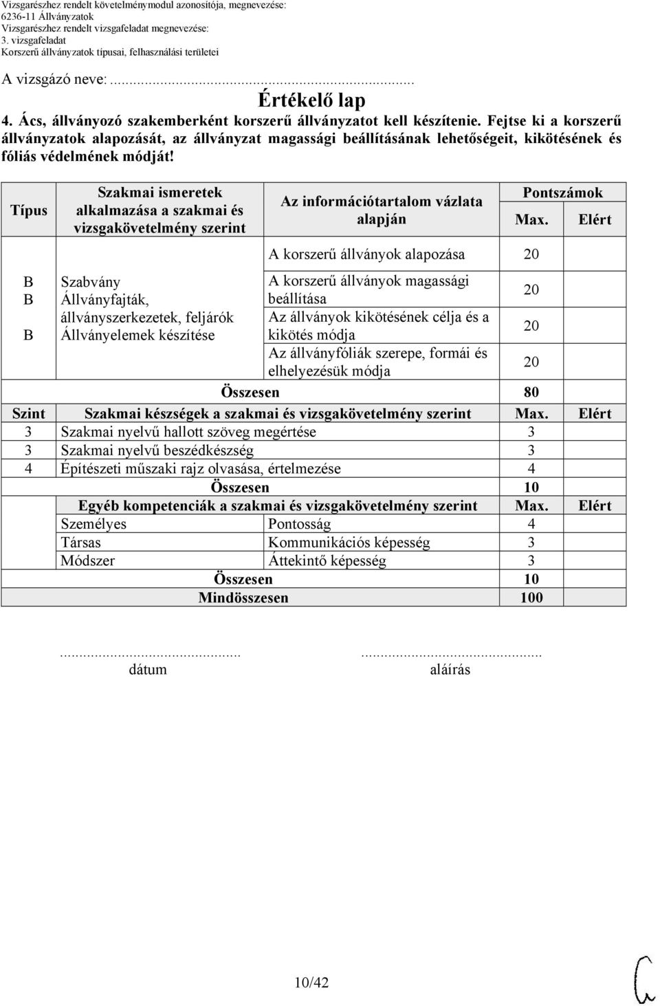 Típus Szakmai ismeretek alkalmazása a szakmai és vizsgakövetelmény szerint Az információtartalom vázlata alapján Pontszámok Max.