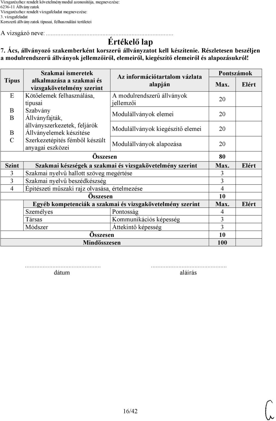 Típus E C Szakmai ismeretek alkalmazása a szakmai és vizsgakövetelmény szerint Kötőelemek felhasználása, típusai Szabvány Állványfajták, állványszerkezetek, feljárók Állványelemek készítése