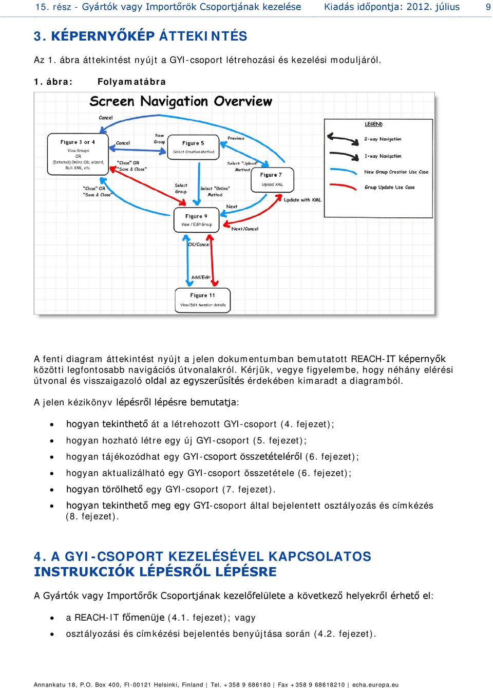 ábra: Folyamatábra A fenti diagram áttekintést nyújt a jelen dokumentumban bemutatott REACH-IT képernyők közötti legfontosabb navigációs útvonalakról.