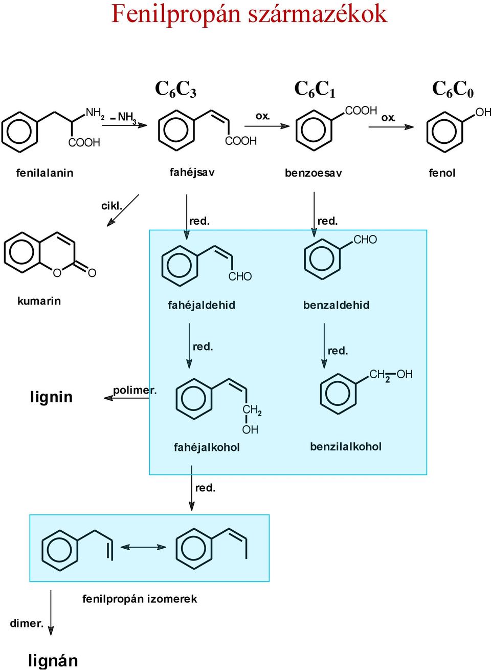 red. CH CH kumarin fahéjaldehid benzaldehid red. red. lignin polimer.