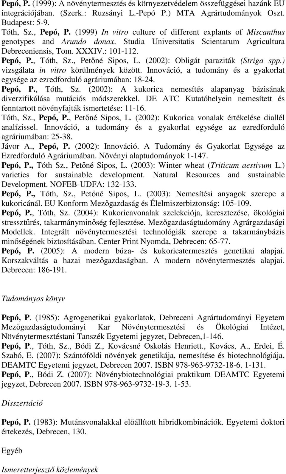 , Petőné Sipos, L. (2002): Obligát paraziták (Striga spp.) vizsgálata in vitro körülmények között. Innováció, a tudomány és a gyakorlat egysége az ezredforduló agráriumában: 18-24. Pepó, P., Tóth, Sz.